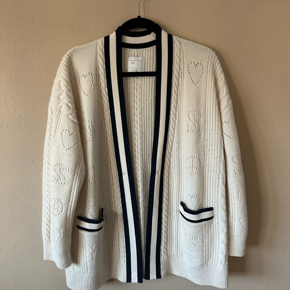 Sandro Pointelle Knit Coatigan White Cardigan Sweater
